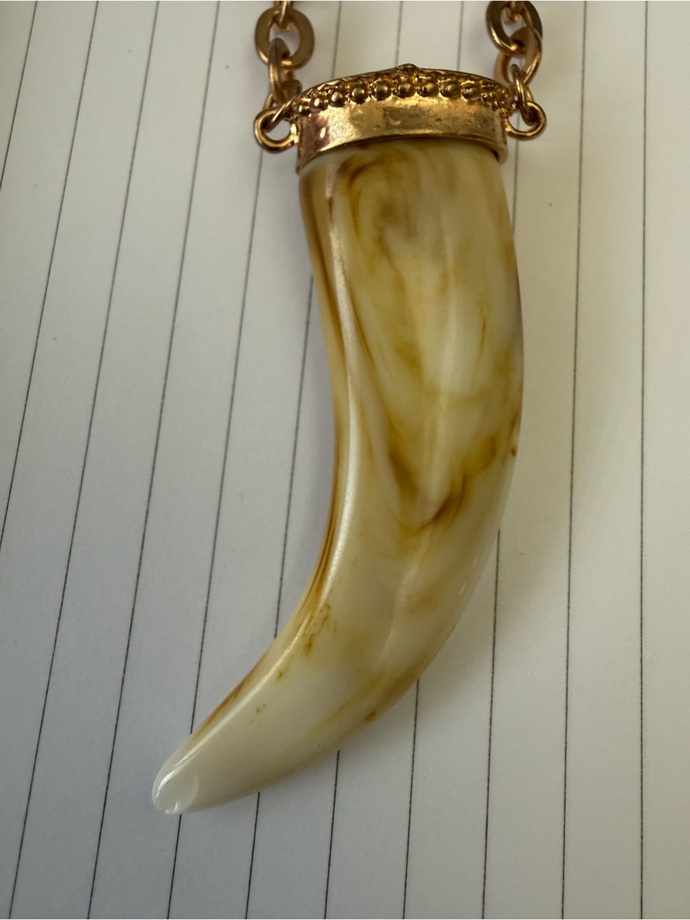 Gold-Tone Necklace with Cream Marbled Tone Resin Horn Pendant - Picture 3 of 5